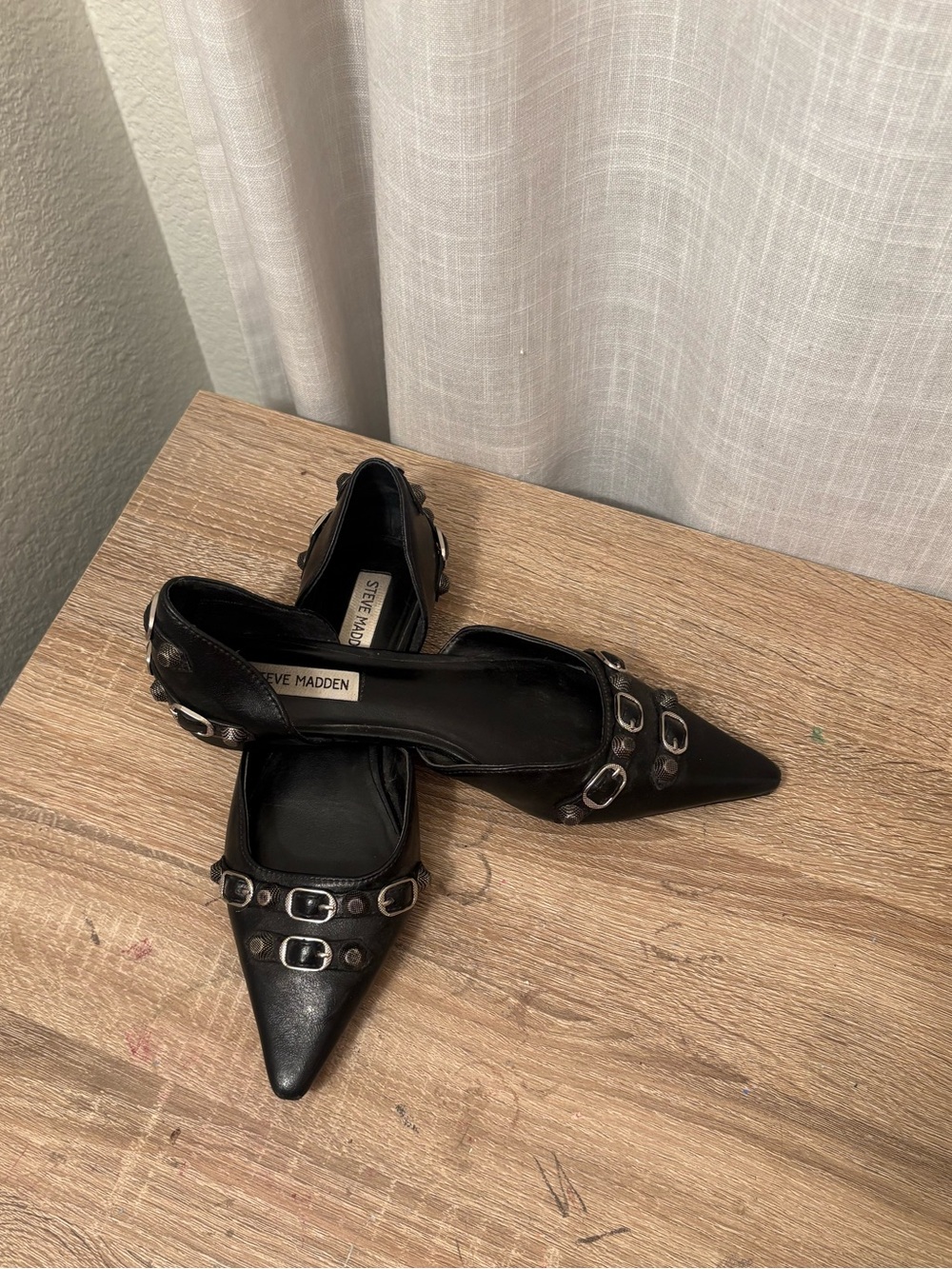 Steve Madden Black Pointed-Toe Buckle Flats with Silver Hardware